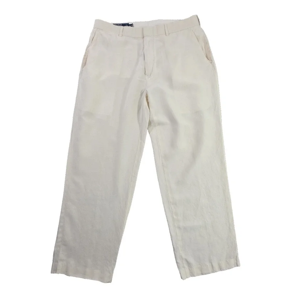 Polo Ralph Lauren Linen Silk Pants Mens 34x30 Off-White Summer Luxury Trousers